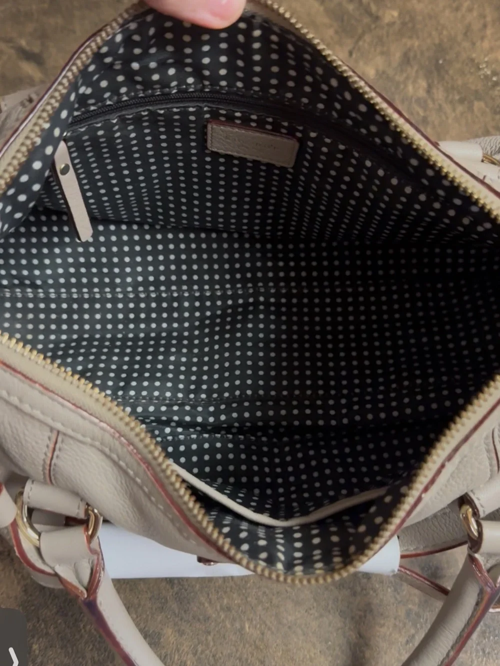 kate spade taupe pebbled leather satchel with gold hardware